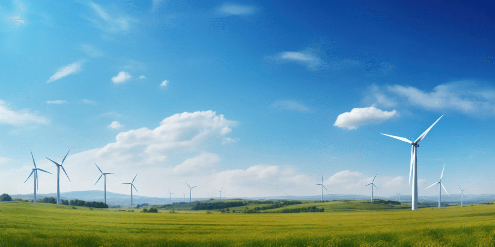 Wind turbines in green field.