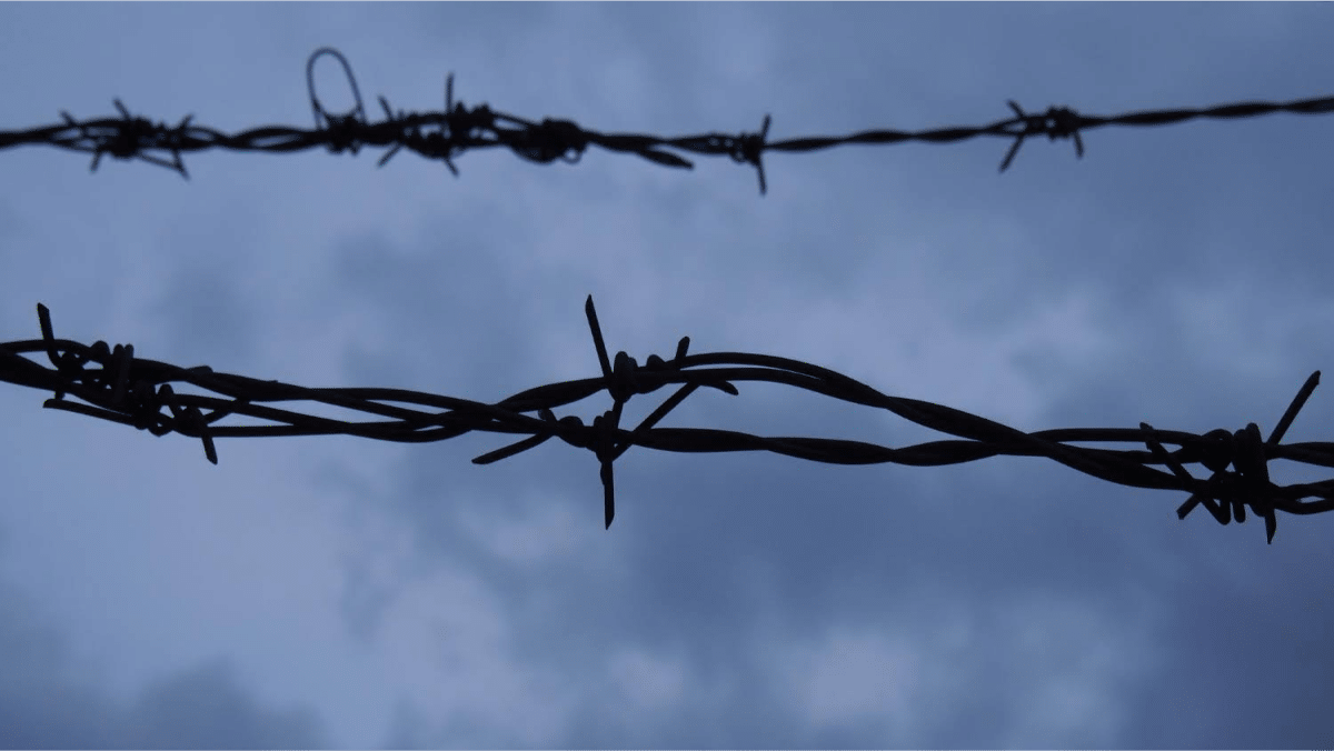 Close-up view of barbed wire fencing with a cloudy sky in the background.